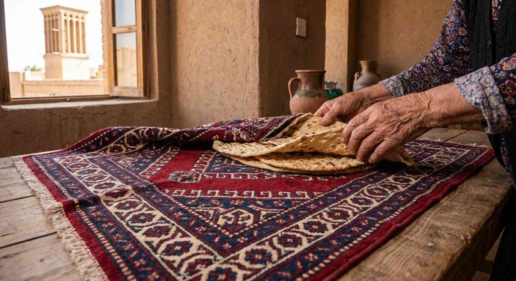 سفره نان یزدی: هنر سنتی نگهداری نان در پارچه‌ای از جنس اصالت